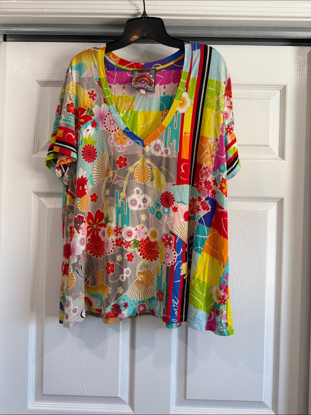Johnny Was Multicolor Floral Stripe V-Neck Tee